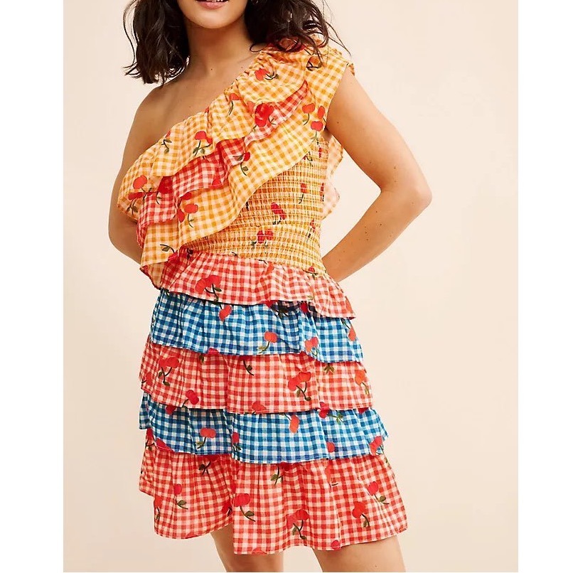 Farm Rio One Shoulder Cherry Print Ruffle Mini Dress Yellow Red Gingham Boho Xs